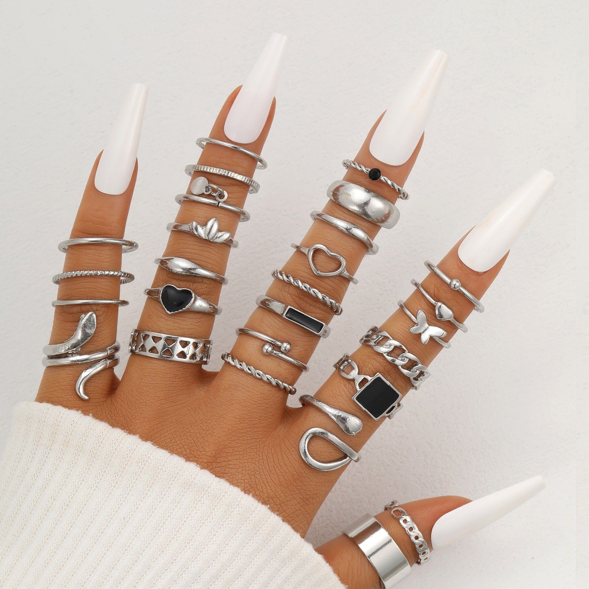 Black Square Heart Snake Ring Set (27 Pieces, Silver)