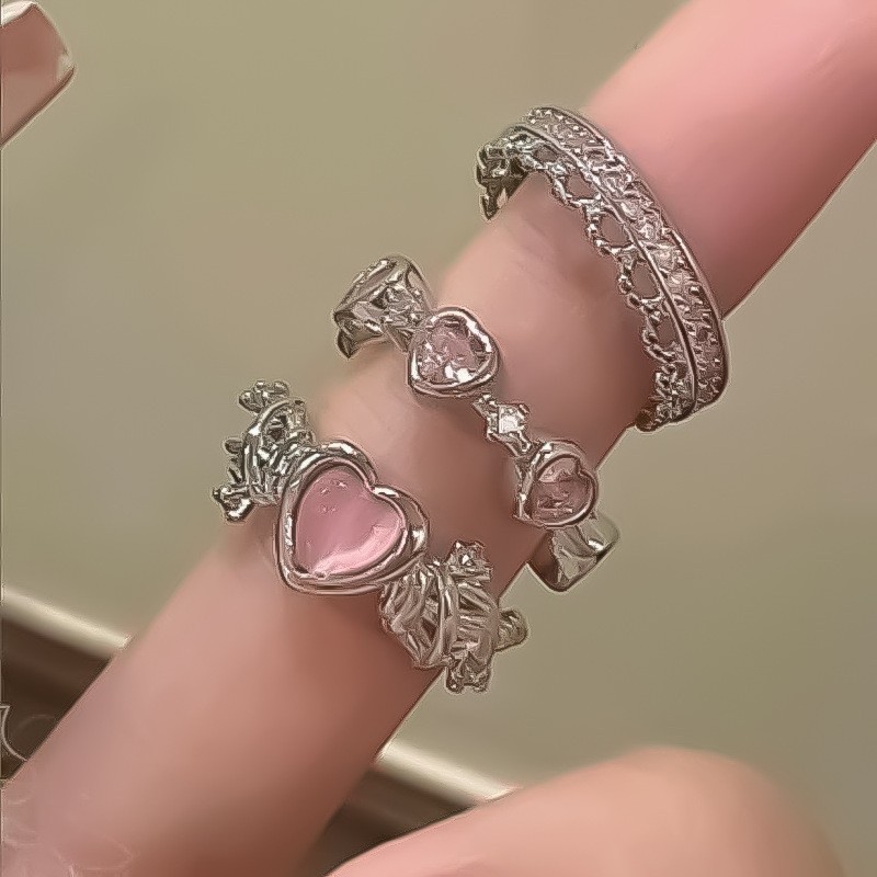 Pink Diamond Heart Ring 3-Piece Set, Silver
