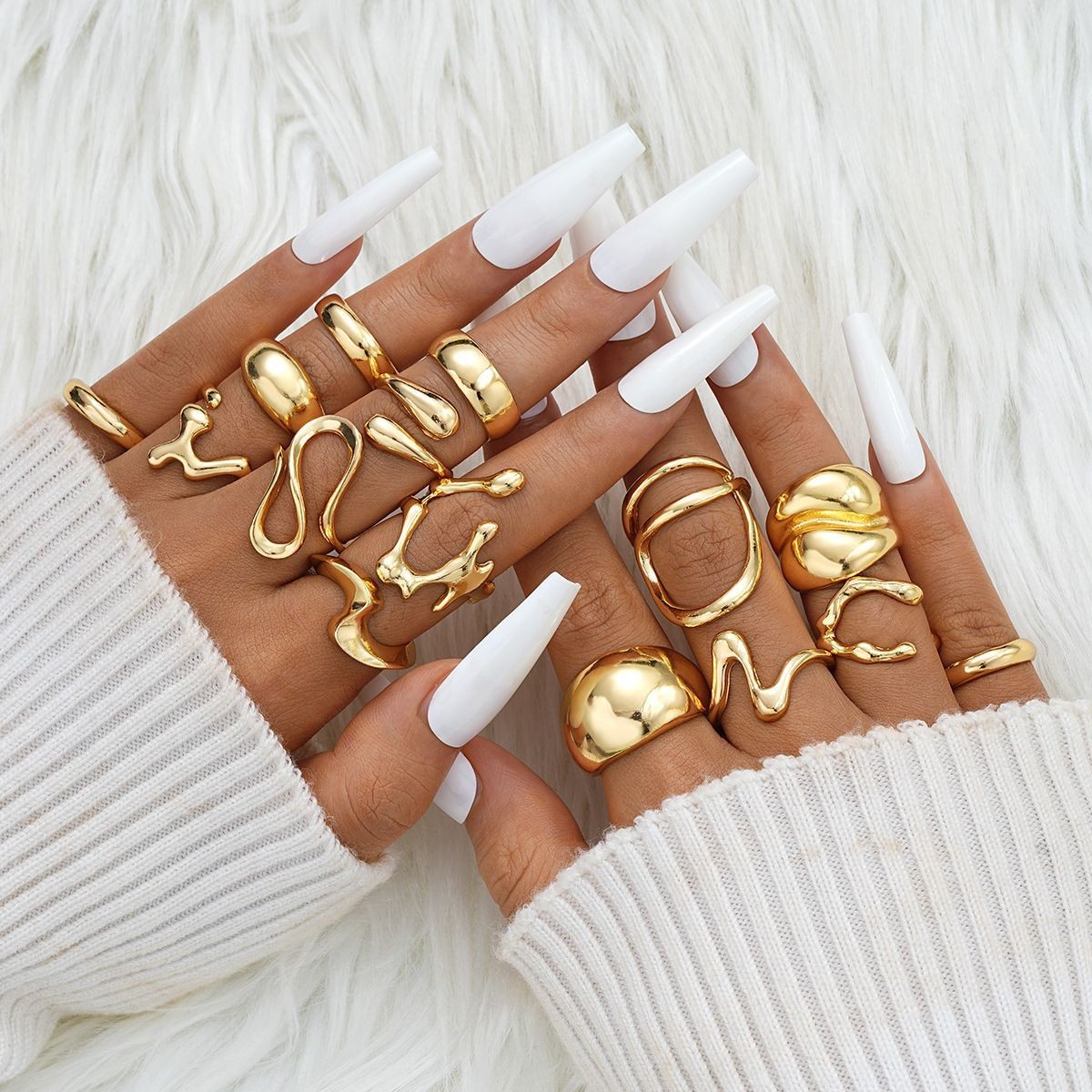 Lava Line Smooth Ring Set (15 Pieces) - Gold