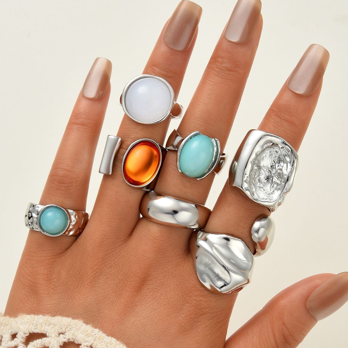 Irregularly Set Gemstone Rings, 7-Piece Set, Silver