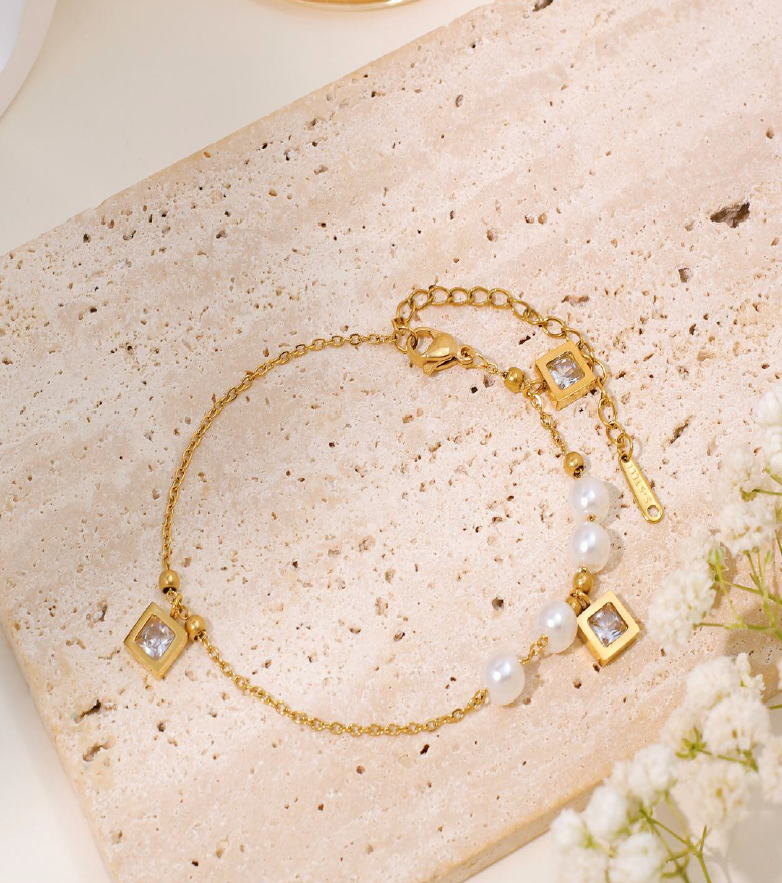 Pearl Radiance Crystal Charm Gold Bracelet