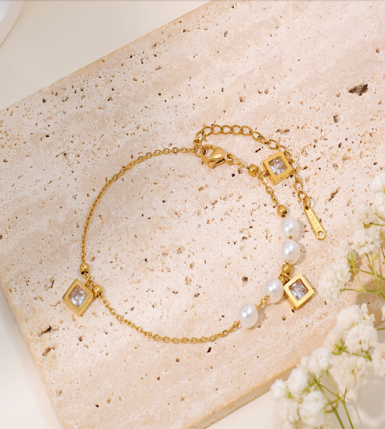 Elegant Pearl & Crystal Charm Gold Plated Bracelet